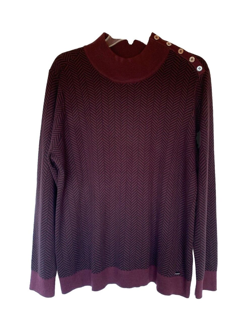 Calvin Klein Wine Chevron Sweater Button Shoulder Quiet Luxury Sz Lg Soft Cozy